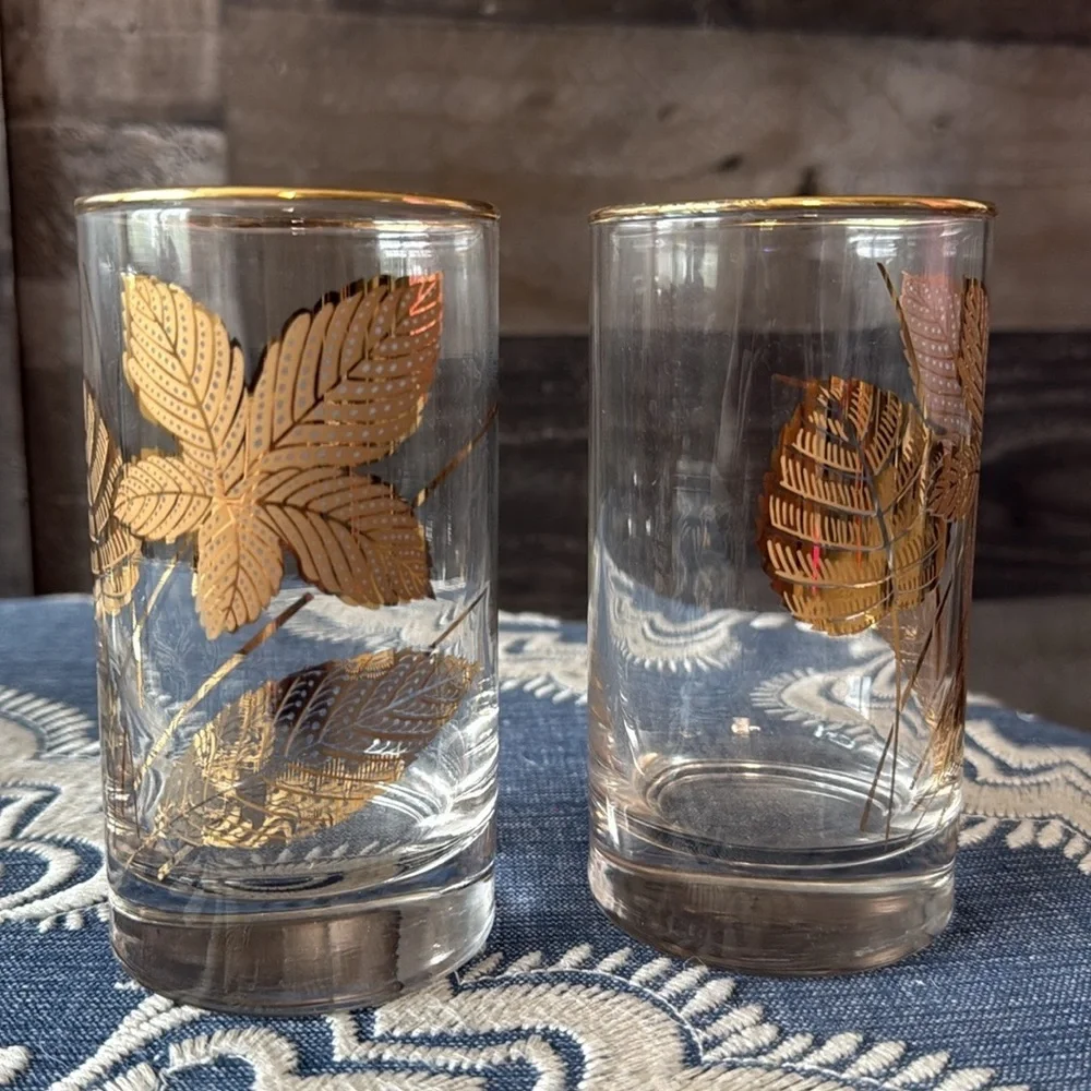 Libbey Glass set of 4 gold leaf tumblers mid century modern golden foliage gilt